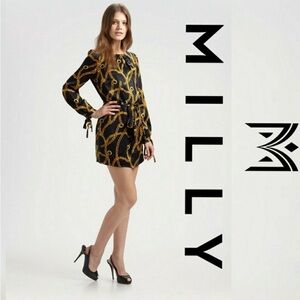 Milly of New York Simone size 12 black & gold classic chain print mini dress